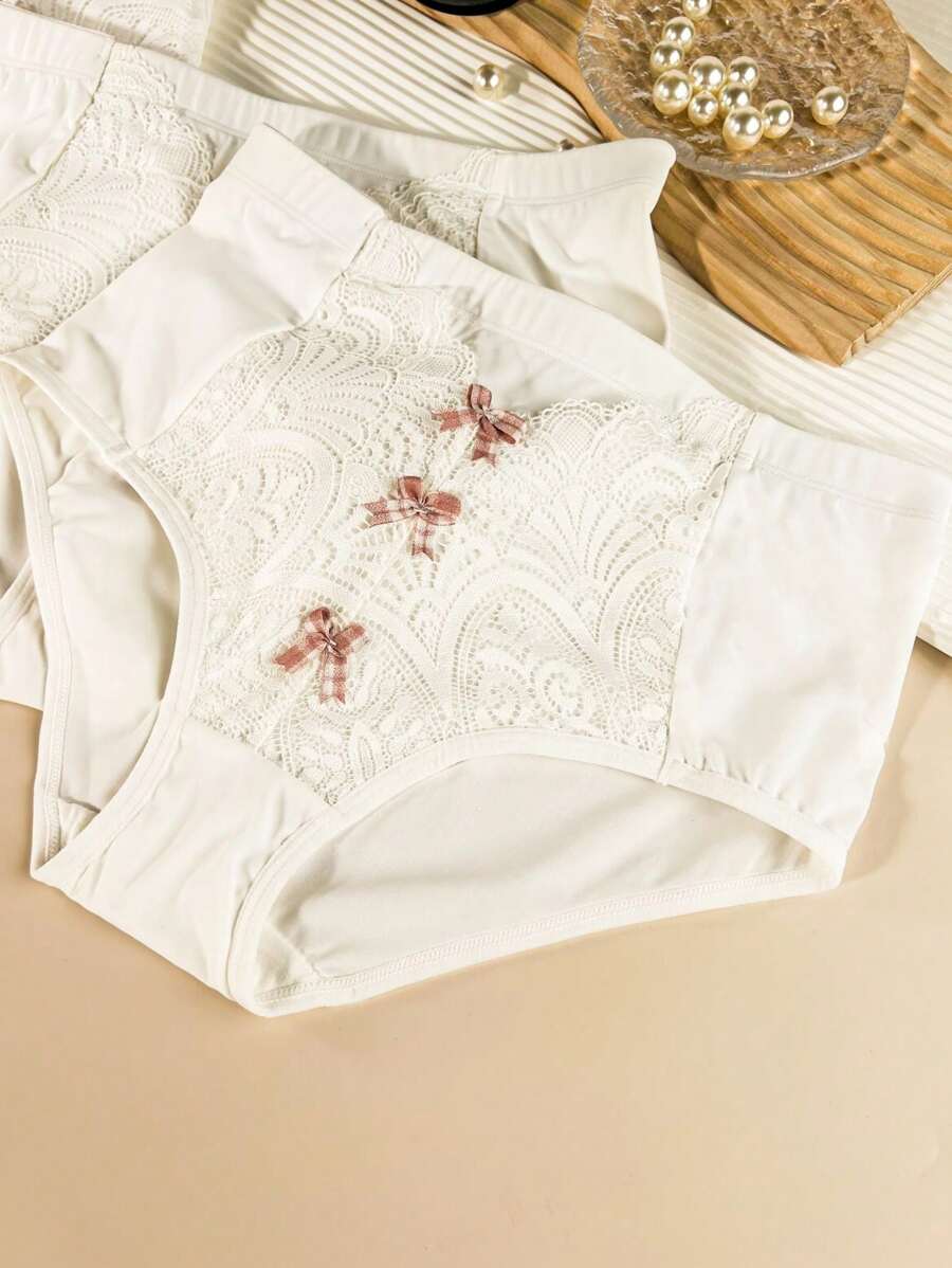 3 chiếc quần lót tam giác trang trí ren hình con bướm tương phản dành cho nữ - trắng - Xem 1