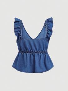 SHEIN Juniors' Casual Holiday Denim Top With Ruffle Trim