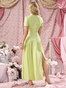 COSMINA Elegant Women's Fall High Neck Solid Color Ruched Split Long Party Gala Cocktail Dress