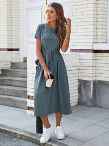 SHEIN LUNE Women's Solid Color Simple Daily Short Sleeve Dress - Dusty Blue - View 1