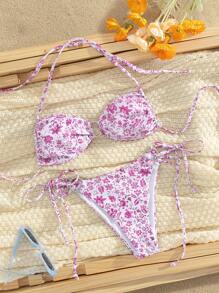 女士夏季海灘印花頸後比基尼套裝，隨機顏色 - 淡紫色 - 查看 6