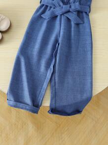 SHEIN Genkimix Kids 年轻女孩度假休闲时尚领口纽扣前连体裤，配腰带，采用舒适柔软的抗皱牛仔效果面料制成，非常适合秋季、野餐、郊游、姐妹装和日常穿着