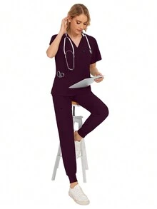 Doctor/Nurse Surgical Uniform Set, Hospital Surgical Gown, Multicolor Women's Surgical Uniform Set, Doctor Uniform Top + Pants - Burgundy - View 6