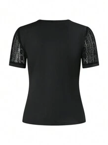 SHEIN Unity Áo thun ngắn tay cổ tròn phối ren tương phản mùa hè dành cho nữ - màu đen - Xem 2