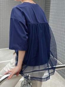 FRIFUL Women's Summer Solid Color Round Neck Drop Shoulder Wide Sleeve Loose Mesh Panel T-Shirt - Navy Blue - View 1