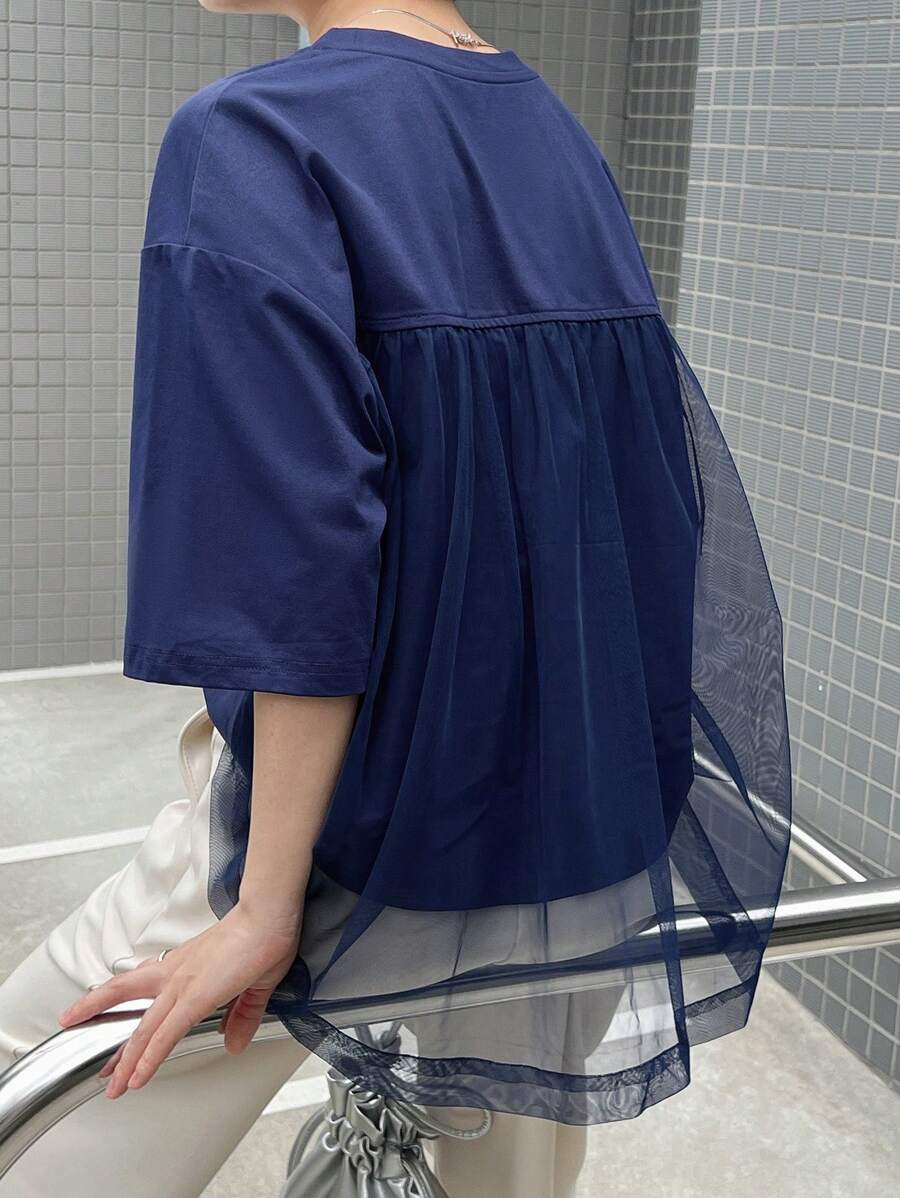 FRIFUL Women's Summer Solid Color Round Neck Drop Shoulder Wide Sleeve Loose Mesh Panel T-Shirt - Navy Blue - View 1