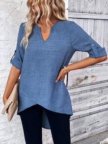 SHEIN LUNE 缺口领交叉不对称下摆翻袖牛仔效果中长款休闲秋季长袖女衬衫 - 藍色 - 查看 4