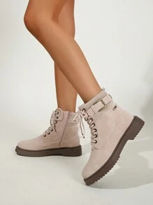 بوت شتوي مبطن عالي الجودة بلون وردي للنساء بسحاب جانبي، إبزيم، نعل مرن، شكل قصير، رباط، بوت كاجوال ضمن المقاسات الكبيرة، خريف/شتاء