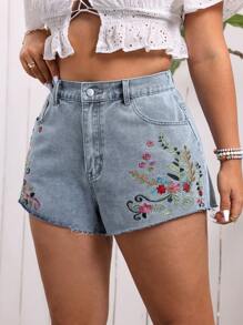 SHEIN VCAY 大碼夏季假期花卉刺繡牛仔短褲，適用於休閒場合 - 藍色 - 查看 4