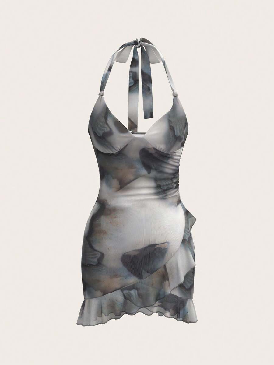 SHEIN ICON 女士Y2k夏季時尚性感彩色印花荷葉邊無背帶抹胸連身裙,帶結綁后脖 - 彩色 - 查看 1