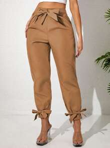 大码女式纯色踝带休闲裤