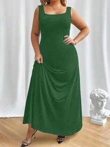 SHEIN Unity Plus Solid Summer Casual Simple Tank Dress Women Outfit - Dark Green - View 4