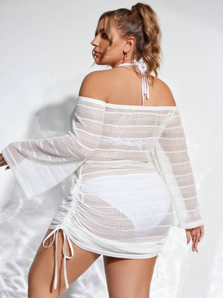 SHEIN Swim Curve Plus Size Women's Vacation Off-Shoulder Long Sleeve Hollow Out See-Through Side Drawstring Cover-Up Dress Summer - White - View 2