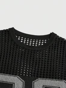ROMWE MEN Street Life Men's Number Pattern Short Sleeve Knit Top With Hollow-Out Design, School, Football Style - Black - View 3
