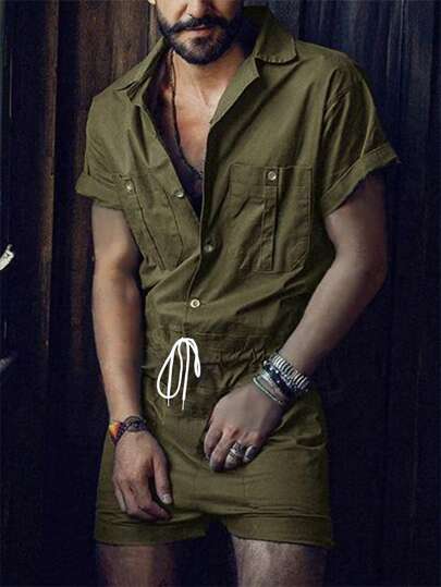 Manfinity Homme Herr Plus Size Enkelknäppt Dragsko Casual Kortärmad Jumpsuit