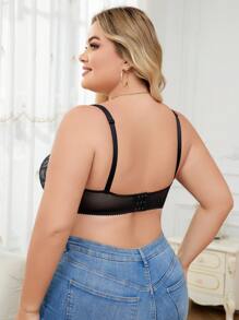 Sujetador sexy bralette con encaje negro y malla transparente con copas de esponja y aro para tallas grandes, lencería (1 pieza)