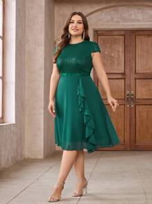 Plus Sequin Insert Ruffle Trim Dress - Green - View 6