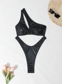 Swim EVENT 女性時尚夏季動物印花修身露空單件泳衣 - 黑色 - 查看 8