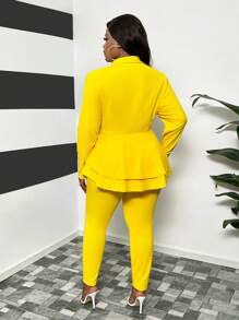 Slaydiva Fall Classic Commuting Women's Plus Size Yellow Women Dresses Yellow Solid Color Waist-Cinching Frilled Hem V-Neck Suit Set - Yellow - View 5
