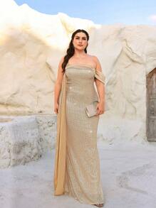 SHEIN Belle 加大尺寸杏色單肩落肩高開叉人魚儀式晚禮服 - 杏色 - 查看 6