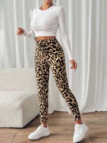 SHEIN Frenchy 女士豹紋休閒日常打底褲 - 彩色 - 查看 3