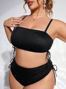 Plus Size Bãi biển mùa hè Dây đeo màu trơn có dây rút ở cả hai bên Bộ bikini hai mảnh đi biển ngày lễ - màu đen - Xem 1