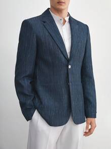 AKNOTIC Business Casual 易护理亚麻男士梭织牛仔效果修身缺口翻领长袖西装外套，适合春秋季节、办公室穿着和秋冬穿着 - 藏蓝色 - 查看 2