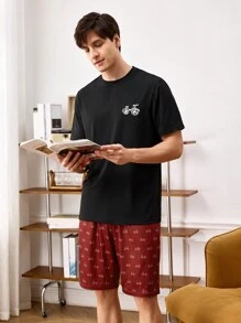 男士自行車印花短袖襯衫和短褲家居服套裝 - 彩色 - 查看 1