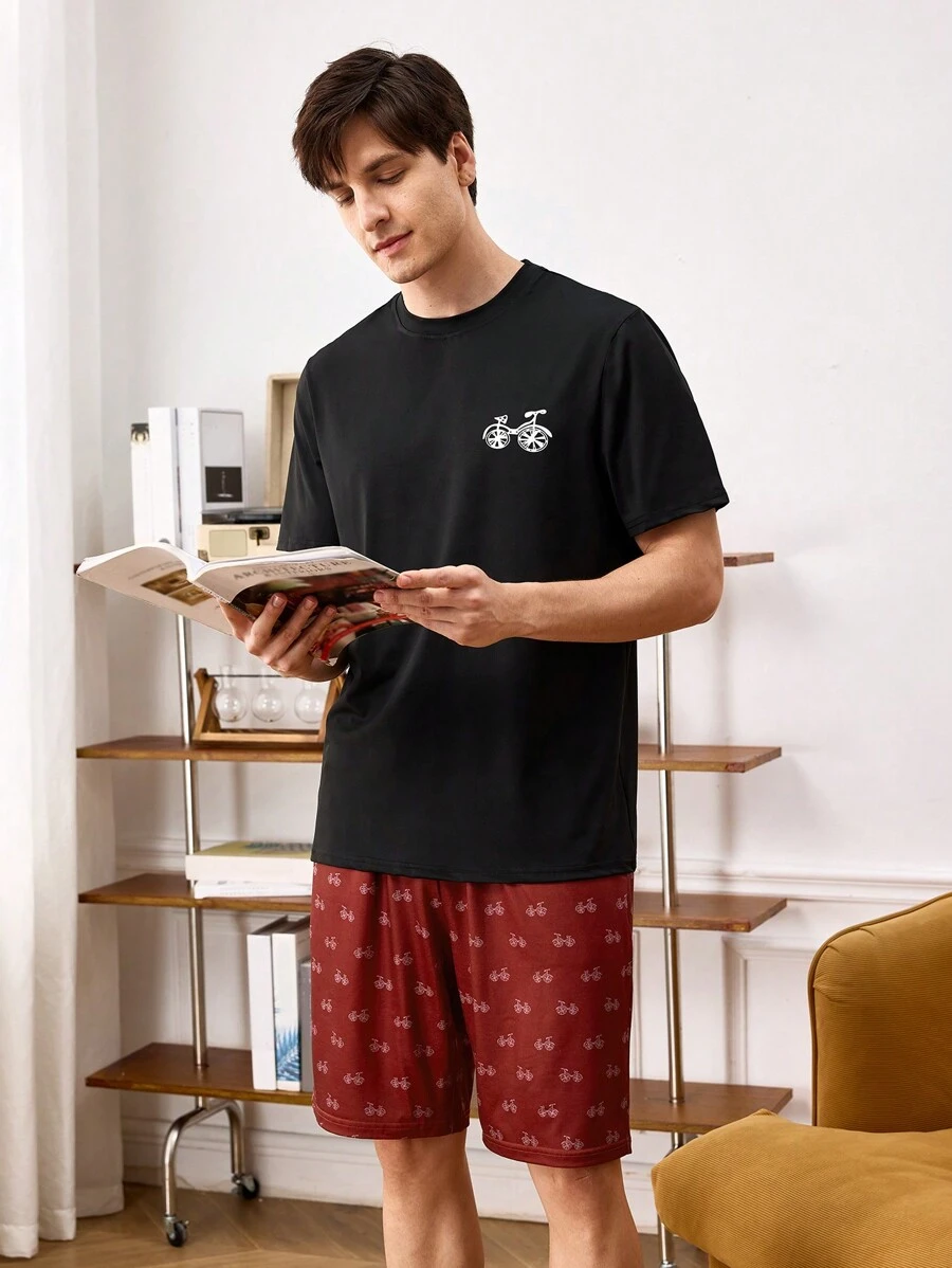 男士自行車印花短袖襯衫和短褲家居服套裝 - 彩色 - 查看 1