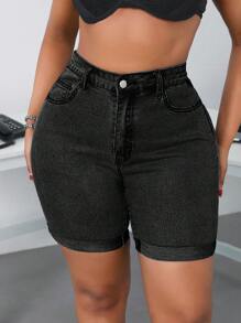 SHEIN SXY Plus Size Denim Shorts, Fashionable For Summer - Dark Grey - View 1