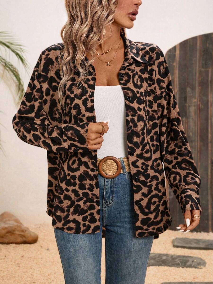 SHEIN LUNE Camisa de hombros caídos con estampado de leopardo para mujer - Multicolor - Ver 1