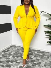 Slaydiva Fall Classic Commuting Women's Plus Size Yellow Women Dresses Yellow Solid Color Waist-Cinching Frilled Hem V-Neck Suit Set - Yellow - View 2