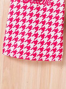 SHEIN Young Girl Knitted Plaid Cute Girl Pattern Contrast Mesh Integrated Dress - Hot Pink - View 7