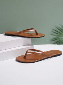 New Summer Style Women's Brown Flat Sandals, Fashionable Thong Slippers For Beach, Matches Dresses, Elegant Women's Shoes