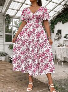 Celure Plus Size V-Neck Short Sleeve Fashion Printed Dress - Hot Pink - View 3