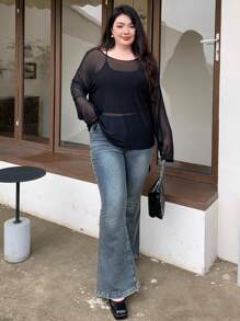 Dazy Plus 加大码宽松纯色长袖上衣，大圆领，透视细节，外出上衣，返校服装，秋季女装 - 黑色 - 查看 8