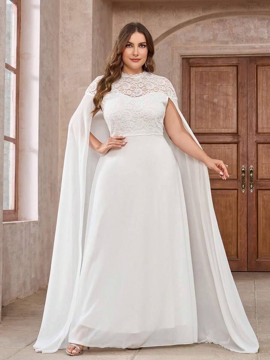 Brautkleid in Große Größen mit Kontrast-Spitze, Puffärmeln aus Chiffon, elegantes weißes Brautkleid in Große Größen - Weiss - Übersicht 1