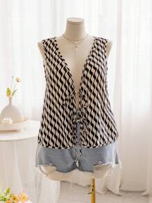 Soleia 杏色简约波浪V领系带休闲浪漫度假可爱曲线上衣大码女式衬衫 - 彩色 - 查看 2