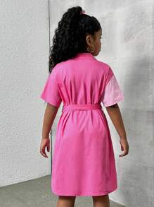 SHEIN Leap Crew Tween Girl Loose Casual cổ bẻ hai tông màu Áo sơ mi in hình hợp thời trang - Màu Hồng Tươi - Xem 2