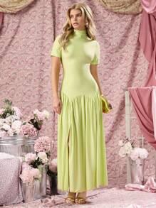 COSMINA Elegant Women's Fall High Neck Solid Color Ruched Split Long Party Gala Cocktail Dress