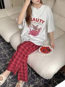 DAZY Conjunto de pijama con hombros caídos con gráficos de letras y caricaturas