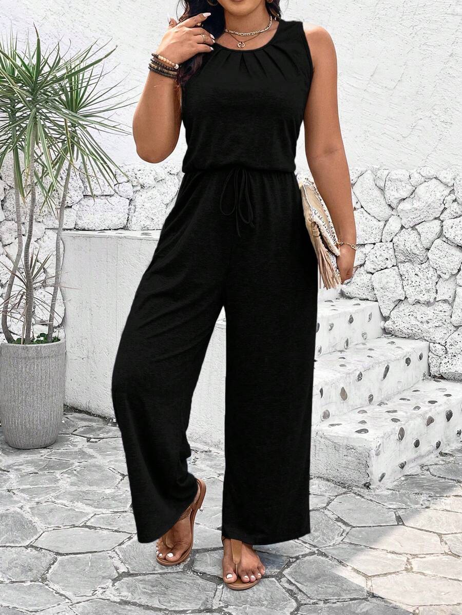 Breezaya Plus Size Women's Solid Color Simple Sleeveless Jumpsuit For Daily Wear - Black - View 1