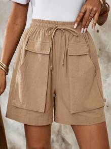 EMERY ROSE Solid Color Women's Casual Daily Shorts With Pockets - Khaki - View 4