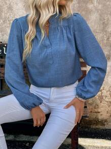 SHEIN LUNE V-Neck Bamboo Fabric Woven Vintage Style Long Sleeve Women Blouse - Blue - View 4