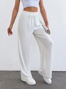SHEIN Tall Tall Size Solid Elastic Waist Straight Leg Pants - White - View 4