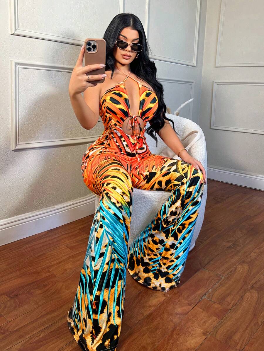 SHEIN SXY Tropical Plant Leopard Print Hollow Out Drawstring Ruffle Ultra-Long Flared Jumpsuit With Open Back - Multicolor - View 1