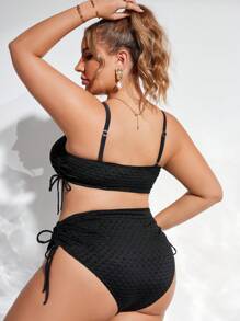 Plus Size Bãi biển mùa hè Dây đeo màu trơn có dây rút ở cả hai bên Bộ bikini hai mảnh đi biển ngày lễ - màu đen - Xem 2