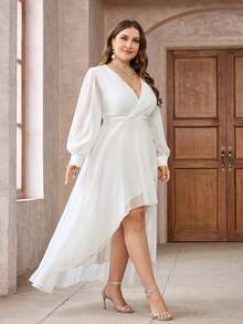 Plus Size Deep V-Neck Solid Color Asymmetric Hem Casual Long Sleeve Dress White Elegant Spring - White - View 5