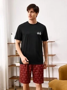 男士自行車印花短袖襯衫和短褲家居服套裝 - 彩色 - 查看 8