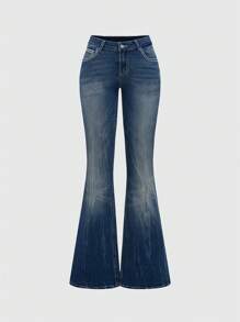 ROMWE Grunge Punk Jeans acampanados slim de mujer con bordado de alas de cruz en estilo vintage Y2K con bolsillo sexy. Jeans azul marino de cintura baja con botones, bolsillos y cremallera para uso casual diario en primavera/otoño